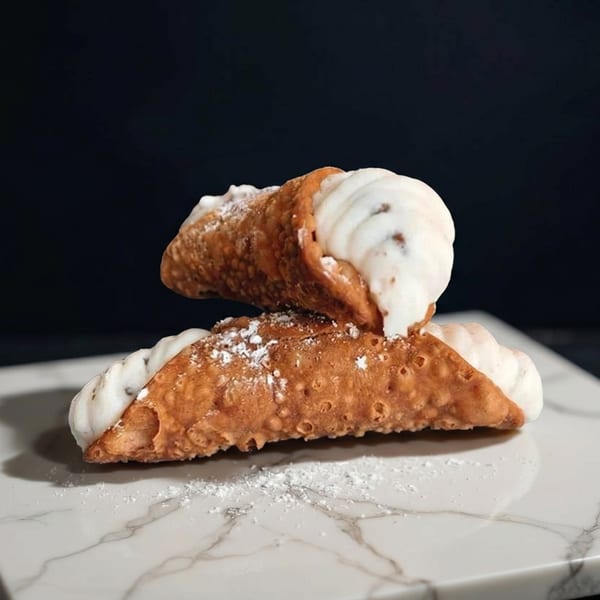 Two cannoli, one stacked atop the other, dusted with powdered sugar on a marble surface.