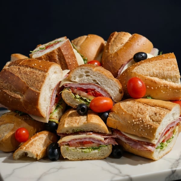 A large platter of deli sandwiches on sesame seed rolls with tomatoes and olives.