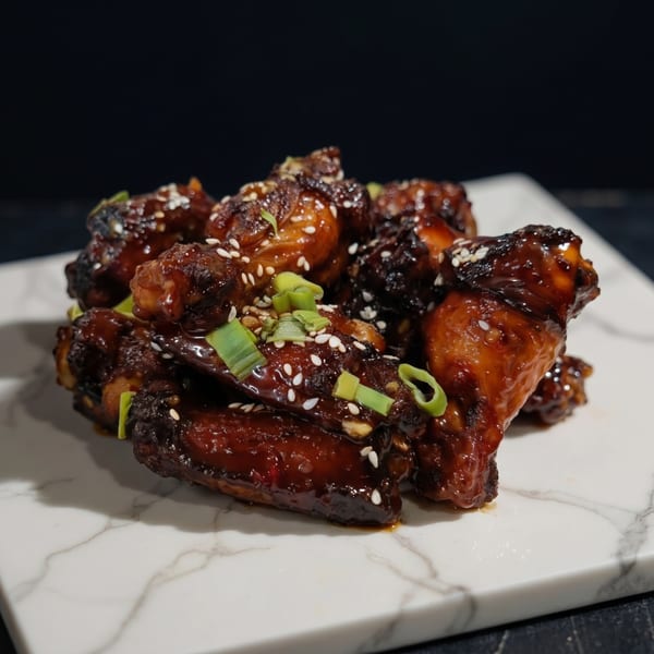 Glazed chicken wings topped with sesame seeds and chopped green onions on a marble board.