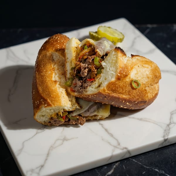 A sliced cheesesteak sandwich with melted cheese, peppers, and onions on a marble board with pickles.
