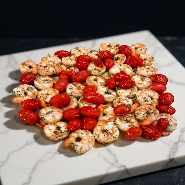 A pile of cooked shrimp and cherry tomatoes on a white marble serving board.