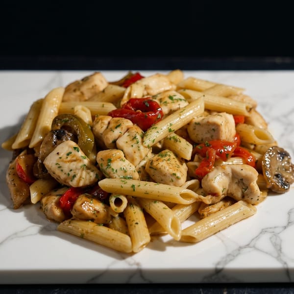 Penne pasta with chicken, red peppers, green peppers, and mushrooms on a white marble surface.