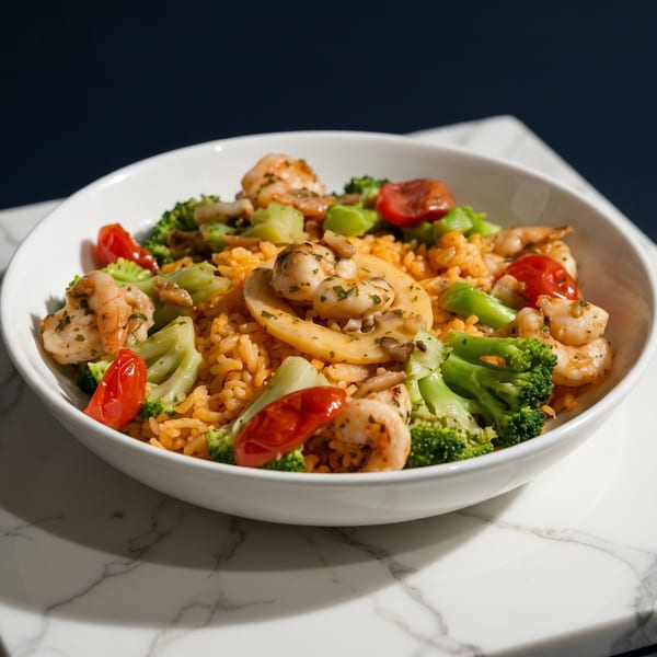 Shrimp and rice dish with broccoli, cherry tomatoes, and mushrooms in a white bowl.
