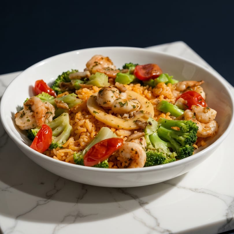 Shrimp and rice dish with broccoli, cherry tomatoes, and mushrooms in a white bowl.