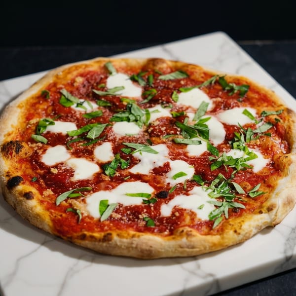 A freshly baked Neapolitan pizza with tomato sauce, mozzarella, and basil on a marble surface.
