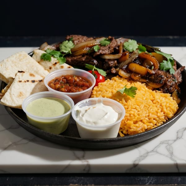 Sizzling fajitas with steak, onions, peppers, rice, tortillas, salsa, sour cream, and green sauce.